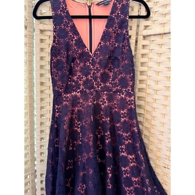 French Connection Elena V Neck Mini Dress Small 4 Navy Blue Crochet Fully Lined - Thumbnail 5