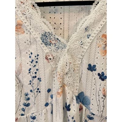SHEIN Curve Plus Size Boho Floral Printed Lace Trim Top 1X White Short Sleeve - Thumbnail 4