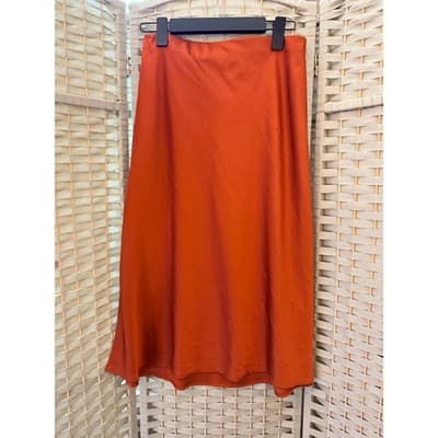 Women's Satin Casual Silk High Waisted Pull On Midi Skirt Orange Small