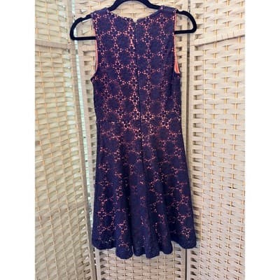 French Connection Elena V Neck Mini Dress Small 4 Navy Blue Crochet Fully Lined - Thumbnail 14
