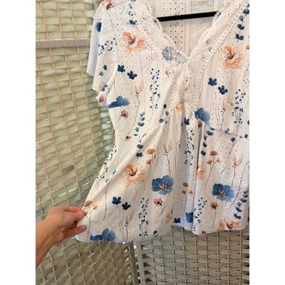 SHEIN Curve Plus Size Boho Floral Printed Lace Trim Top 1X White Short Sleeve - Thumbnail 6