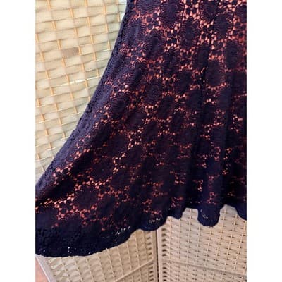 French Connection Elena V Neck Mini Dress Small 4 Navy Blue Crochet Fully Lined - Thumbnail 15