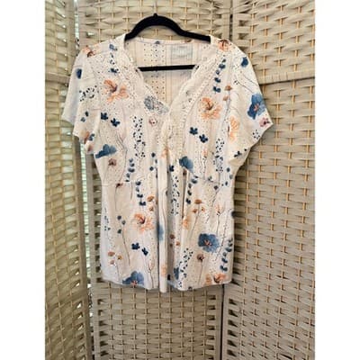 SHEIN Curve Plus Size Boho Floral Printed Lace Trim Top 1X White Short Sleeve