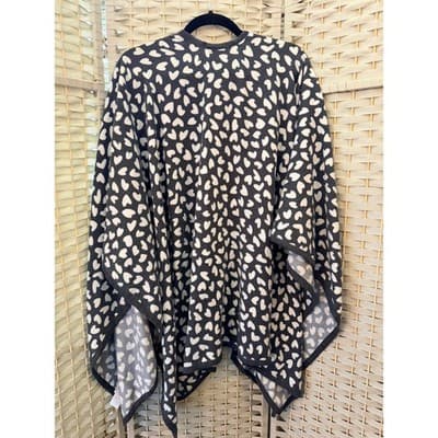 Ann Taylor Heart Print Open Front Poncho Cardigan OS Black Lightweight Wrap Shaw - Thumbnail 10