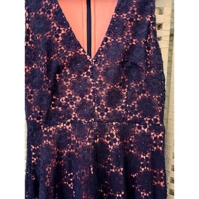 French Connection Elena V Neck Mini Dress Small 4 Navy Blue Crochet Fully Lined - Thumbnail 8