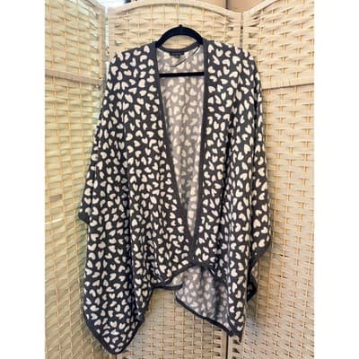 Ann Taylor Heart Print Open Front Poncho Cardigan OS Black Lightweight Wrap Shaw