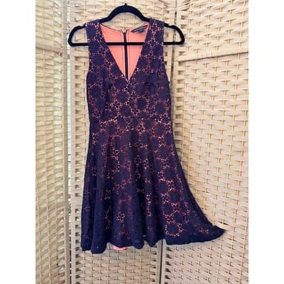 French Connection Elena V Neck Mini Dress Small 4 Navy Blue Crochet Fully Lined - Thumbnail 2