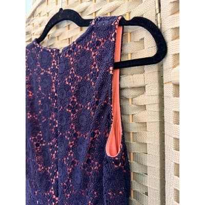 French Connection Elena V Neck Mini Dress Small 4 Navy Blue Crochet Fully Lined - Thumbnail 16
