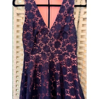 French Connection Elena V Neck Mini Dress Small 4 Navy Blue Crochet Fully Lined - Thumbnail 6