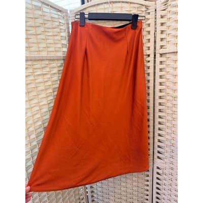 Women's Satin Casual Silk High Waisted Pull On Midi Skirt Orange Small - Thumbnail 9