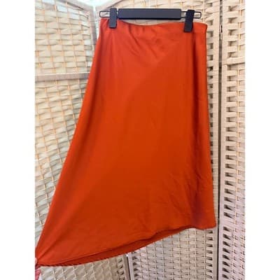 Women's Satin Casual Silk High Waisted Pull On Midi Skirt Orange Small - Thumbnail 5