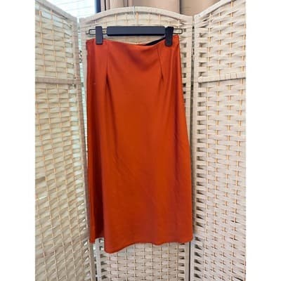 Women's Satin Casual Silk High Waisted Pull On Midi Skirt Orange Small - Thumbnail 7