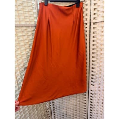 Women's Satin Casual Silk High Waisted Pull On Midi Skirt Orange Small - Thumbnail 8