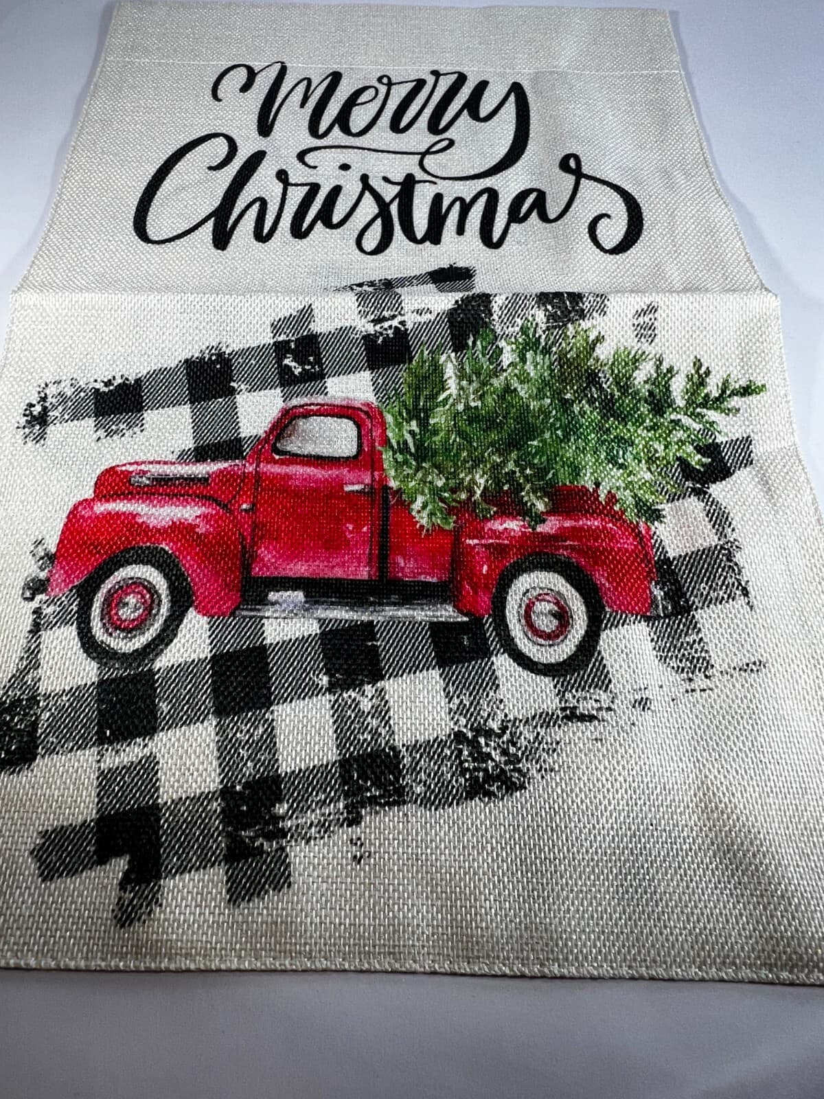 NEW Christmas Garden Yard Flag Buffalo Plaid Red Old Truck Canvas Double Sided - Thumbnail 3