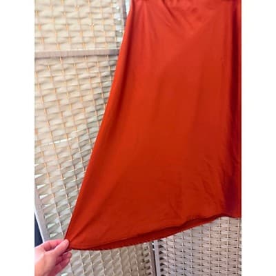 Women's Satin Casual Silk High Waisted Pull On Midi Skirt Orange Small - Thumbnail 4