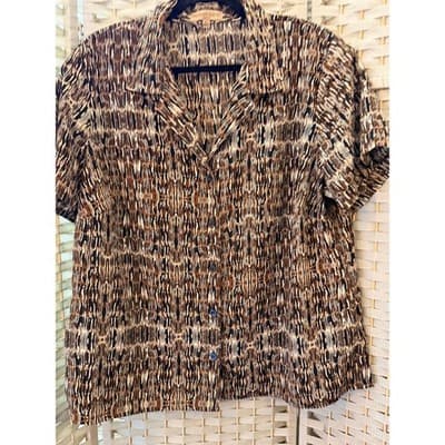 Notations Woman Button Up Blouse Womens 3X Brown Abstract Print Short Sleeve - Thumbnail 2