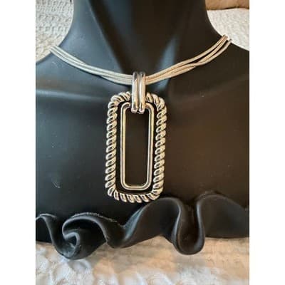 Silver Tone Triple Strand Necklace & Earrings Set Rectangle Pendant Jewelry - Thumbnail 4