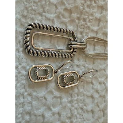 Silver Tone Triple Strand Necklace & Earrings Set Rectangle Pendant Jewelry - Thumbnail 17