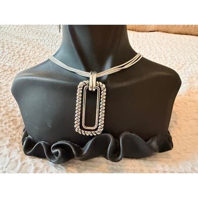 Silver Tone Triple Strand Necklace & Earrings Set Rectangle Pendant Jewelry - Thumbnail 5