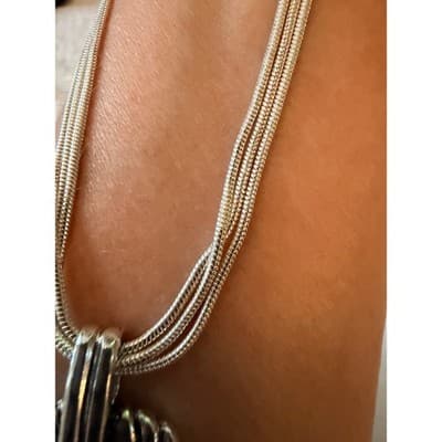 Silver Tone Triple Strand Necklace & Earrings Set Rectangle Pendant Jewelry - Thumbnail 20