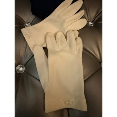 Vintage Cream Dress Gloves Women’s Scalloped Cuff Embroidered Bow Formal - Thumbnail 8