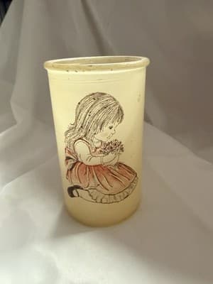 Vintage Glass Sugar Frosted Pillar Candle Holder Girl with Flowers Boho Style