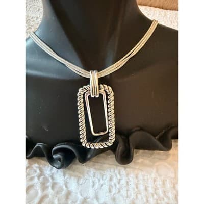Silver Tone Triple Strand Necklace & Earrings Set Rectangle Pendant Jewelry - Thumbnail 3