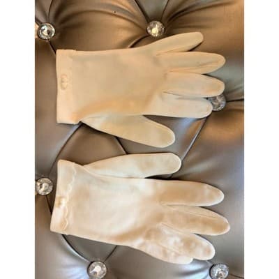 Vintage Cream Dress Gloves Women’s Scalloped Cuff Embroidered Bow Formal - Thumbnail 3