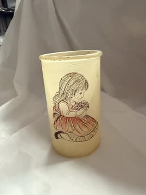 Vintage Glass Sugar Frosted Pillar Candle Holder Girl with Flowers Boho Style - Thumbnail 9