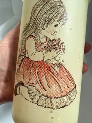 Vintage Glass Sugar Frosted Pillar Candle Holder Girl with Flowers Boho Style - Thumbnail 10