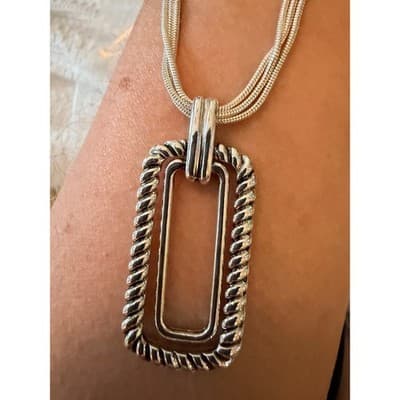 Silver Tone Triple Strand Necklace & Earrings Set Rectangle Pendant Jewelry - Thumbnail 21