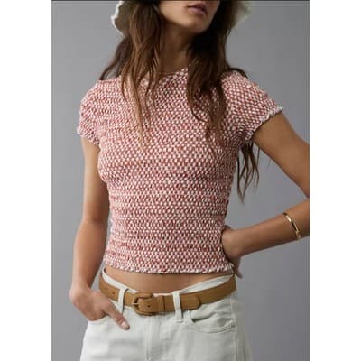 American Eagle Smocked Crop Top Women's Orange Stretch Short Sleeve Small NWT
