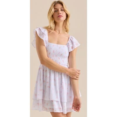 Altar’d State Floral Smocked Mini Dress White Pink Flutter Sleeve M NWOT