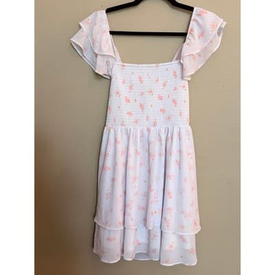 Altar’d State Floral Smocked Mini Dress White Pink Flutter Sleeve M NWOT - Thumbnail 2