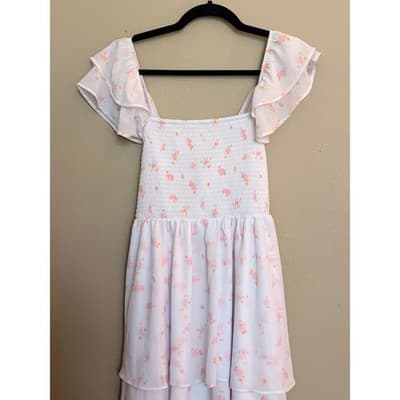 Altar’d State Floral Smocked Mini Dress White Pink Flutter Sleeve M NWOT - Thumbnail 3