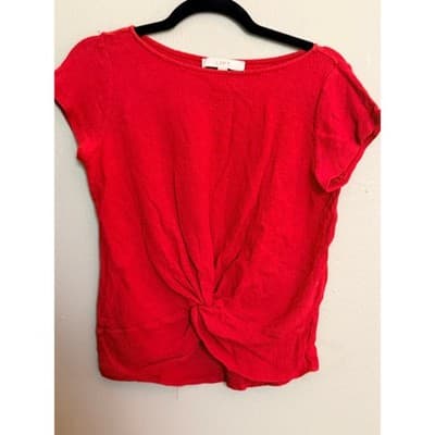 LOFT Twisted Front Knot Blouse Women's Red Short Sleeve Crew Neck Size S NWOT - Thumbnail 2