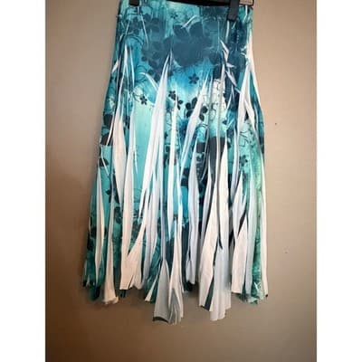 Studio Y Pleated Floral Print Asymmetric Hemline Midi Skirt Blue White Small - Thumbnail 9