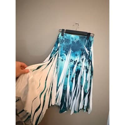 Studio Y Pleated Floral Print Asymmetric Hemline Midi Skirt Blue White Small - Thumbnail 5