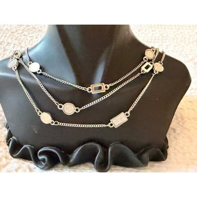 Silver Tone Layered Necklace Geometric Disc Chain Statement Fashion Jewelry - Thumbnail 3