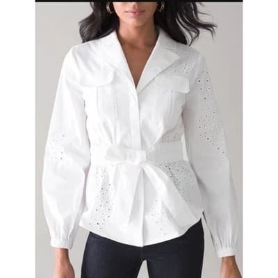 White House Black Market Tie-Waist Embroidered Poplin Shirt White XS NWOT