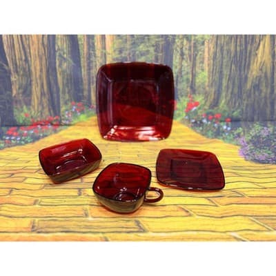 Vintage Fire King Ruby Red Charm 4 Pc Place Setting Plate Bowl Cup Saucer - Thumbnail 2