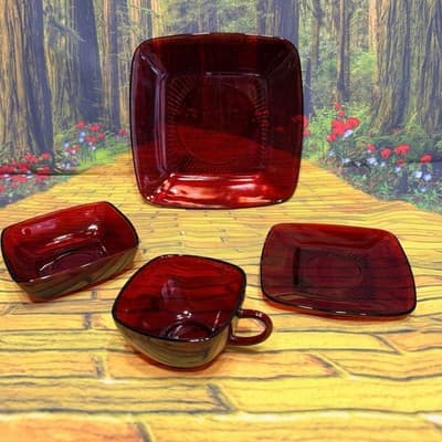 Vintage Fire King Ruby Red Charm 4 Pc Place Setting Plate Bowl Cup Saucer - Thumbnail 3