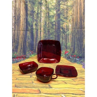 Vintage Fire King Ruby Red Charm 4 Pc Place Setting Plate Bowl Cup Saucer - Thumbnail 6