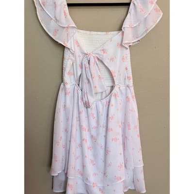 Altar’d State Floral Smocked Mini Dress White Pink Flutter Sleeve M NWOT - Thumbnail 10