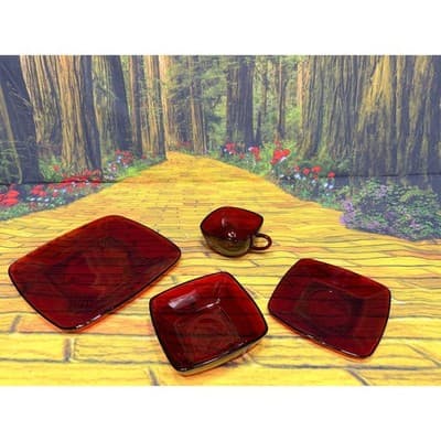 Vintage Fire King Ruby Red Charm 4 Pc Place Setting Plate Bowl Cup Saucer - Thumbnail 16