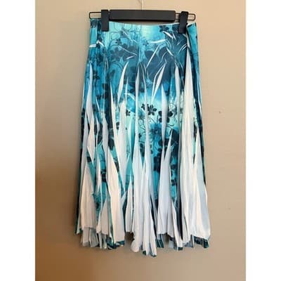 Studio Y Pleated Floral Print Asymmetric Hemline Midi Skirt Blue White Small - Thumbnail 18