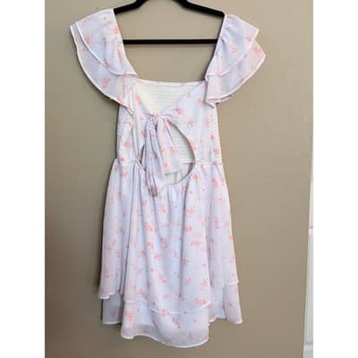 Altar’d State Floral Smocked Mini Dress White Pink Flutter Sleeve M NWOT - Thumbnail 9