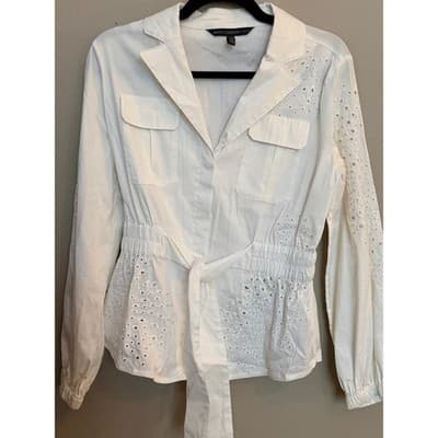 White House Black Market Tie-Waist Embroidered Poplin Shirt White XS NWOT - Thumbnail 3