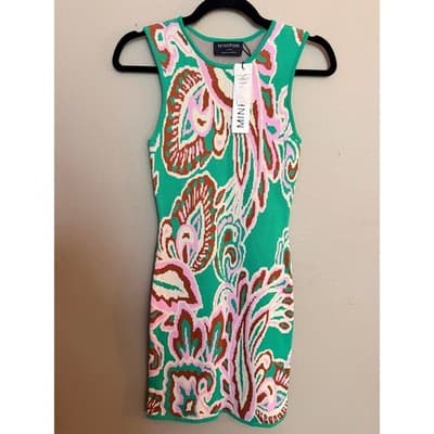 MINKPINK Sierra Knit Summer Sweater Fitted Mini Dress Green Pink XS NWT - Thumbnail 3
