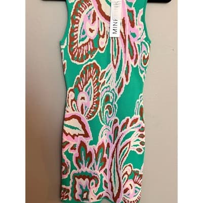 MINKPINK Sierra Knit Summer Sweater Fitted Mini Dress Green Pink XS NWT - Thumbnail 4